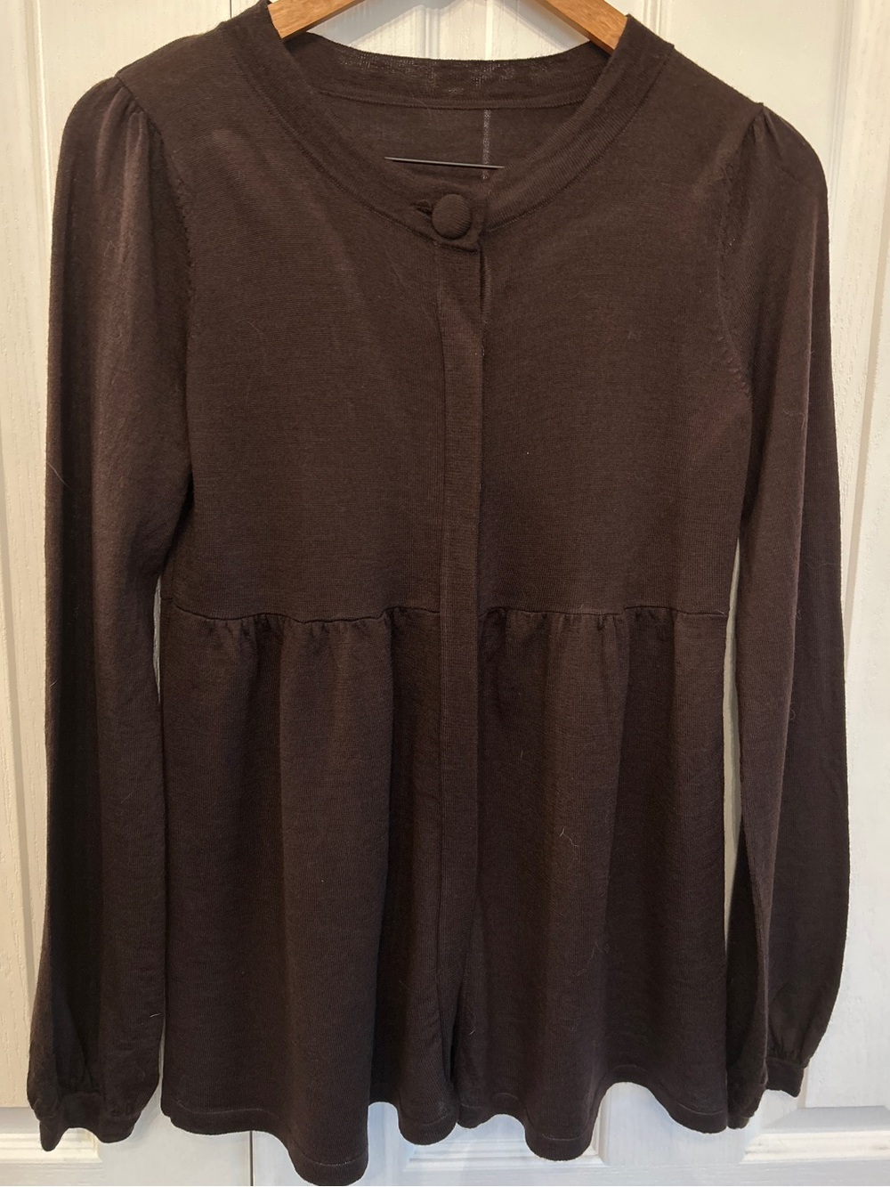 Chocolate Brown Babydoll Peplum Cardigan Fine Knit Boho EUC